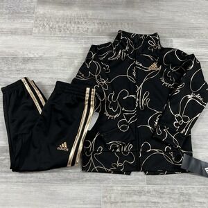 Adidas Kids Girl's GLAM TRICOT TRACK PANT & JACKET SET In Black/Gold Size 3T NWT
